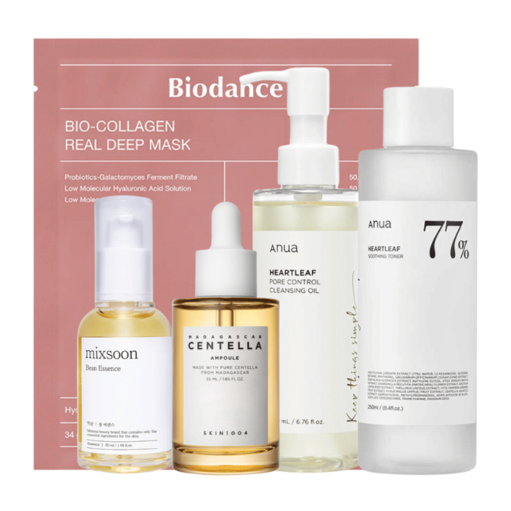 Das Set "Trending K-Beauty Must-Haves" enthält Anua Heartleaf Pore Control Cleansing Oil, Heartleaf 77% Soothing Toner, Skin1004 Madagascar Centella Ampoule, und Mixsoon Bean Essence zusammen mit einem Bio-Collagen Real Deep Mask von Biodance. Diese Produkte sind sorgfältig ausgewählt, um eine tiefe Reinigung, intensive Feuchtigkeit und beruhigende Effekte für die Haut zu bieten, was sie zu essentiellen Produkten für eine umfassende Hautpflegeroutine macht.