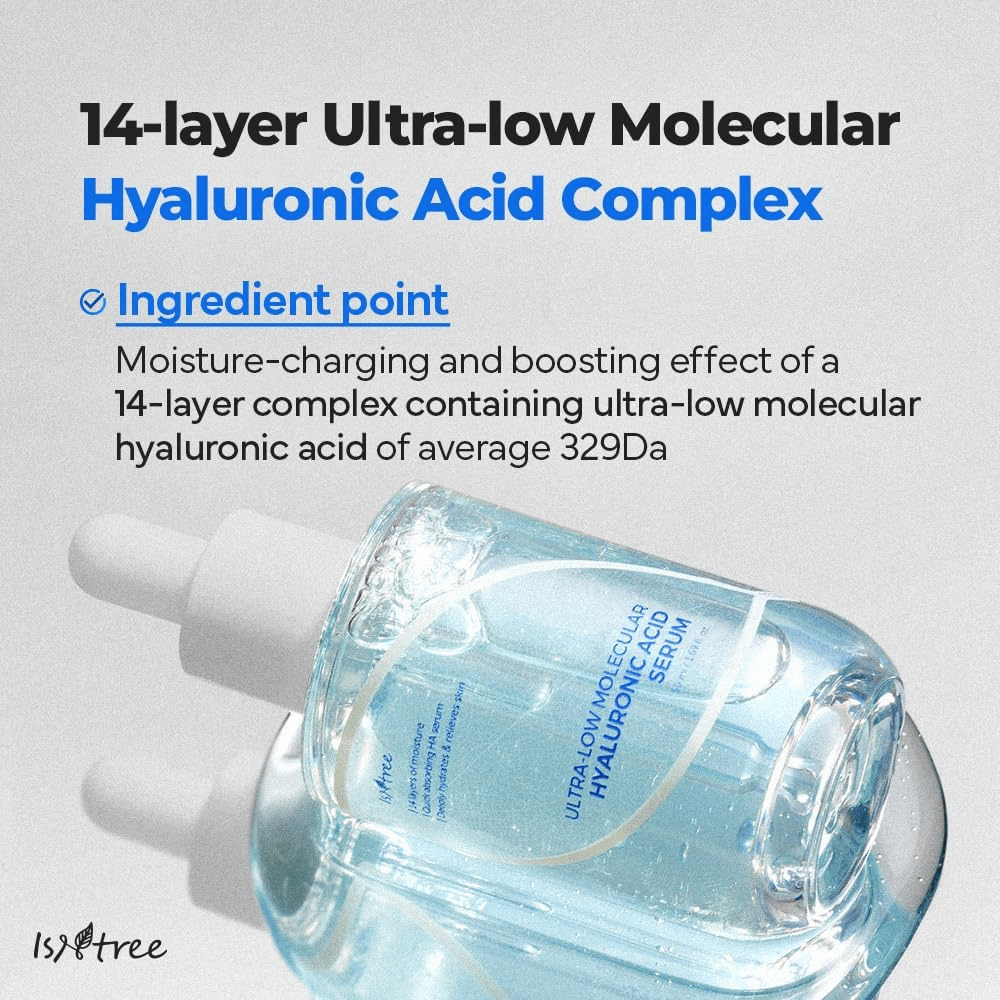 Isntree Ultra-Low Molecular Hyaluronic Acid Serum mit ultraniedriger molekularer Hyaluronsäure, feuchtigkeitsverstärkendes Gesichtsserum, das intensive Tiefenfeuchtigkeit bietet.