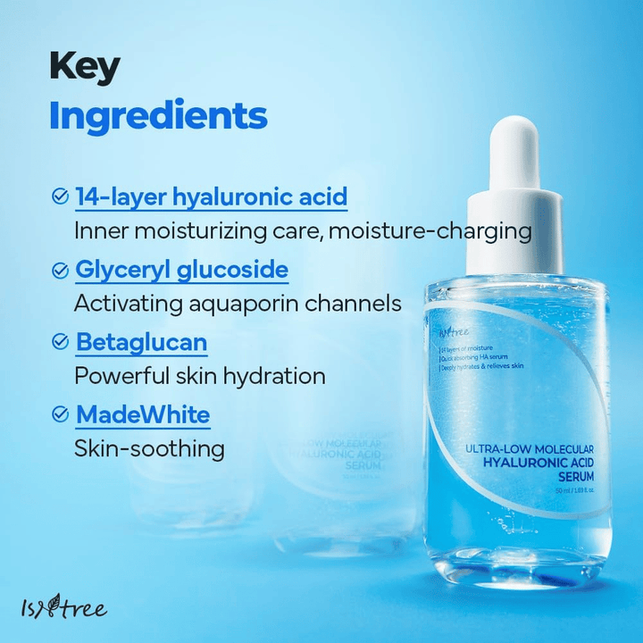 Isntree Ultra-Low Molecular Hyaluronic Acid Serum mit 14-lagiger Hyaluronsäure, Glyceryl Glucosid und Beta-Glucan, feuchtigkeitsspendendes Serum, das die Hautbarriere stärkt und empfindliche Haut beruhigt.