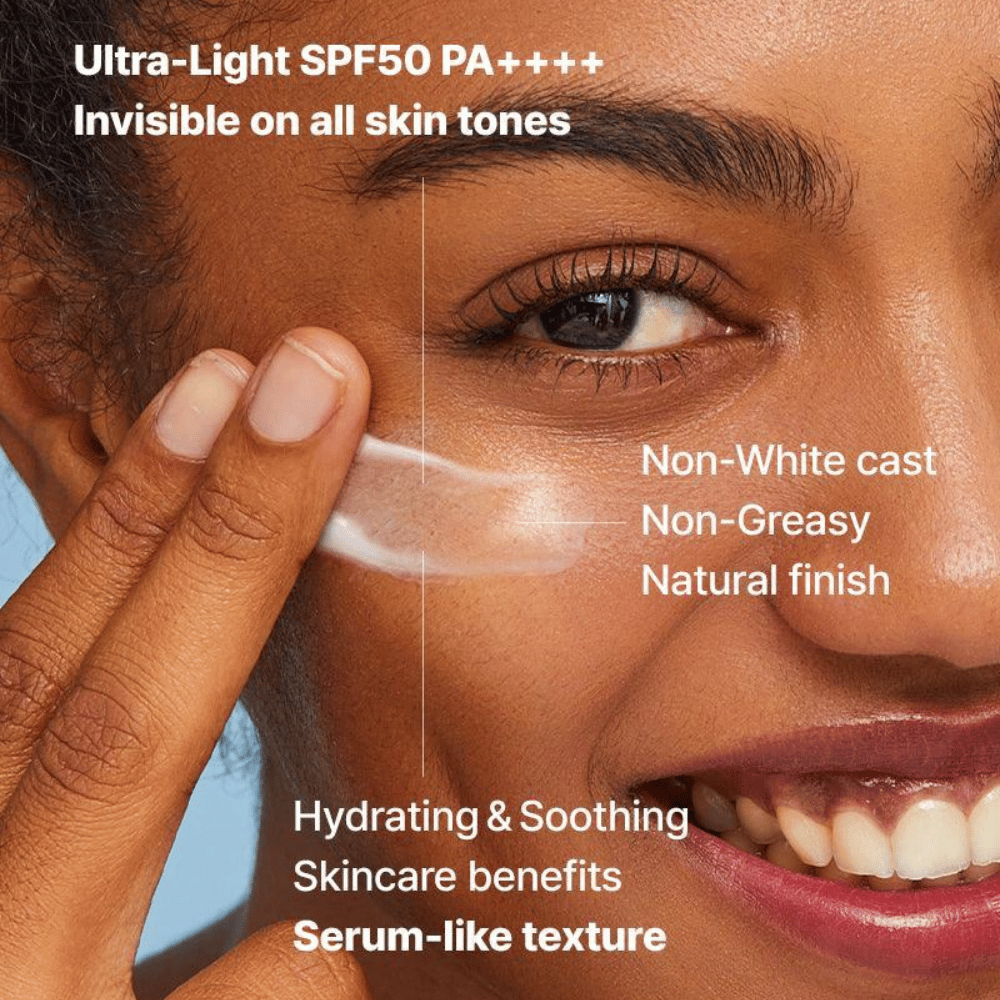 Nahaufnahme einer Frau, die mit den Fingern eine transparente Sonnencreme aufträgt; Text hebt SPF50 PA++++ hervor, kein weißer Schleier, natürliches Finish und serumähnliche feuchtigkeitsspendende Textur.