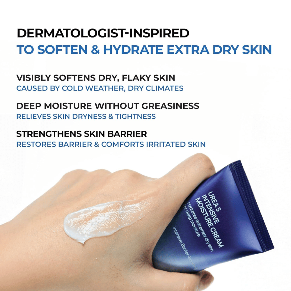 Informationsbild, das die wichtigsten Vorteile von Jumiso Urea 5 Intensive Moisture Cream hervorhebt. Die Creme wird als dermatologisch inspiriert für sehr trockene Haut beschrieben und hilft, schuppige Haut zu glätten, tiefenwirksame Feuchtigkeit zu spenden, ohne sich fettig anzufühlen, sowie die Hautbarriere zu stärken. Eine Hand zeigt die cremige Textur des Produkts auf der Haut.
