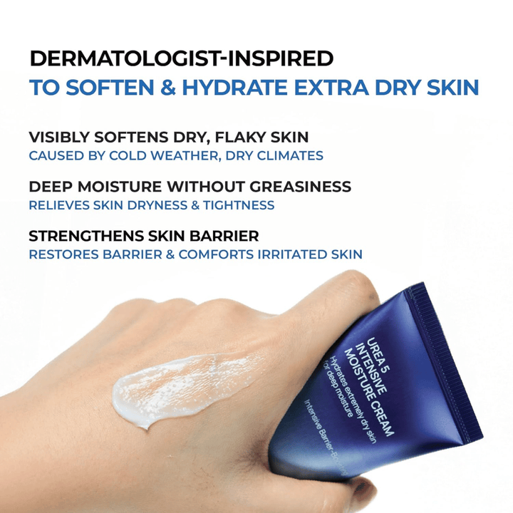 Informationsbild, das die wichtigsten Vorteile von Jumiso Urea 5 Intensive Moisture Cream hervorhebt. Die Creme wird als dermatologisch inspiriert für sehr trockene Haut beschrieben und hilft, schuppige Haut zu glätten, tiefenwirksame Feuchtigkeit zu spenden, ohne sich fettig anzufühlen, sowie die Hautbarriere zu stärken. Eine Hand zeigt die cremige Textur des Produkts auf der Haut.