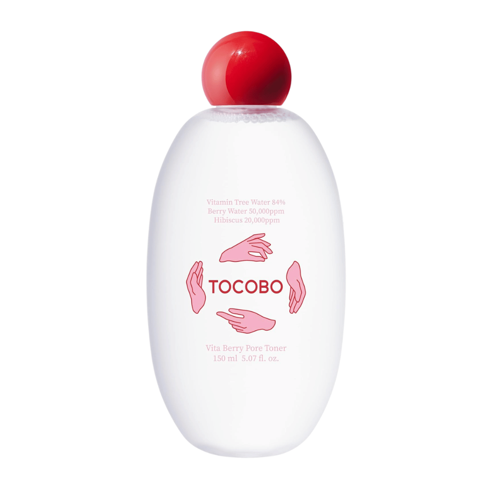 Freigestelltes Produktbild von TOCOBO Vita Berry Pore Toner, das das minimalistische Design mit weißer Flasche und rotem Verschluss vor hellem Hintergrund zeigt.