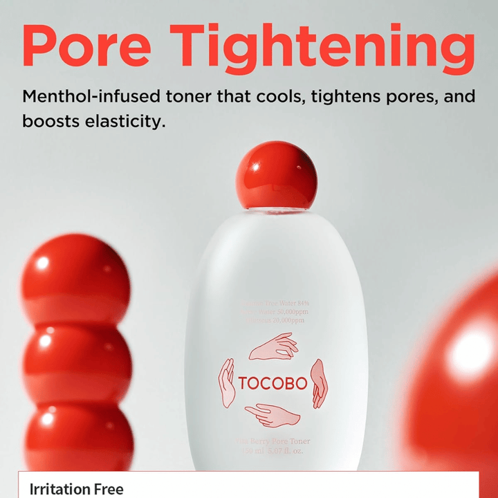 Kampagnenbild für TOCOBO Vita Berry Pore Toner, das die kühlende Wirkung des Toners, porenverfeinernde Eigenschaften und verbesserte Hautelastizität mit einer mentholinfundierten Formel beschreibt.