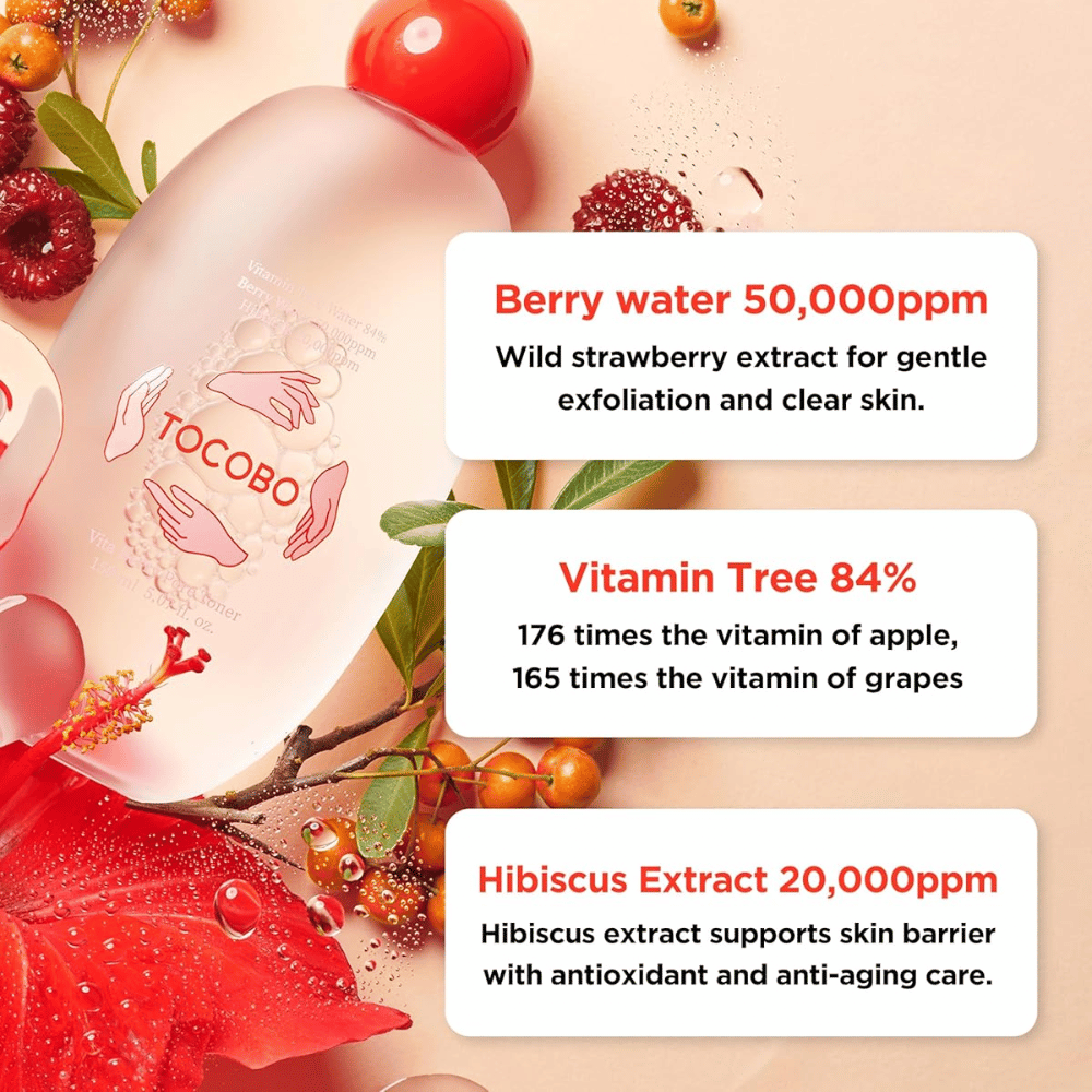 Inhaltsstoffbild, das die Schlüsselinhaltsstoffe des Toners hervorhebt, einschließlich berry water, Vitamin Tree und Hibiskusextrakt, mit Fokus auf Exfoliation, antioxidative Pflege und eine gestärkte Hautbarriere.