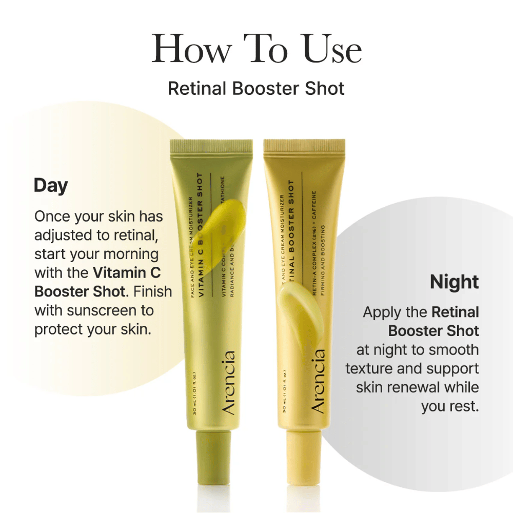 So verwenden Sie Arencia Vitamin C Booster Shot – Vitamin C-Serum in der Morgenroutine und Retinal-Booster am Abend für einen gleichmäßigeren Hautton und bessere Ausstrahlung