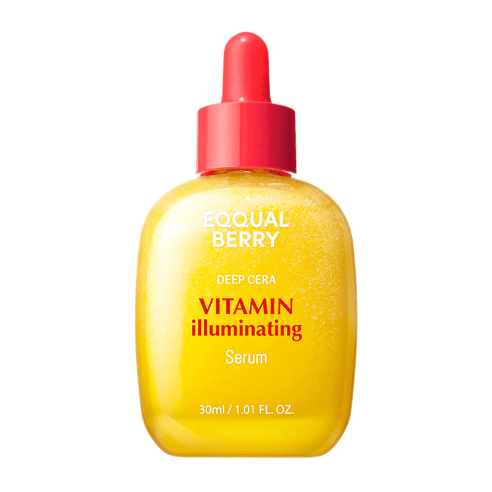 Equal Berry Vitamin Illuminating Serum in einer gelb schimmernden Flasche mit roter Pipette. Verleiht Glanz und Nährstoffe für eine strahlende Haut.
