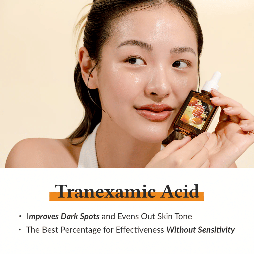 Dieses Bild zeigt ein Produkt, das Tranexamsäure enthält, bekannt dafür, dunkle Flecken zu verbessern und den Hautton auszugleichen. Das Produkt bietet eine effektive Konzentration, die sanft ist und das Risiko von Hautirritationen minimiert.