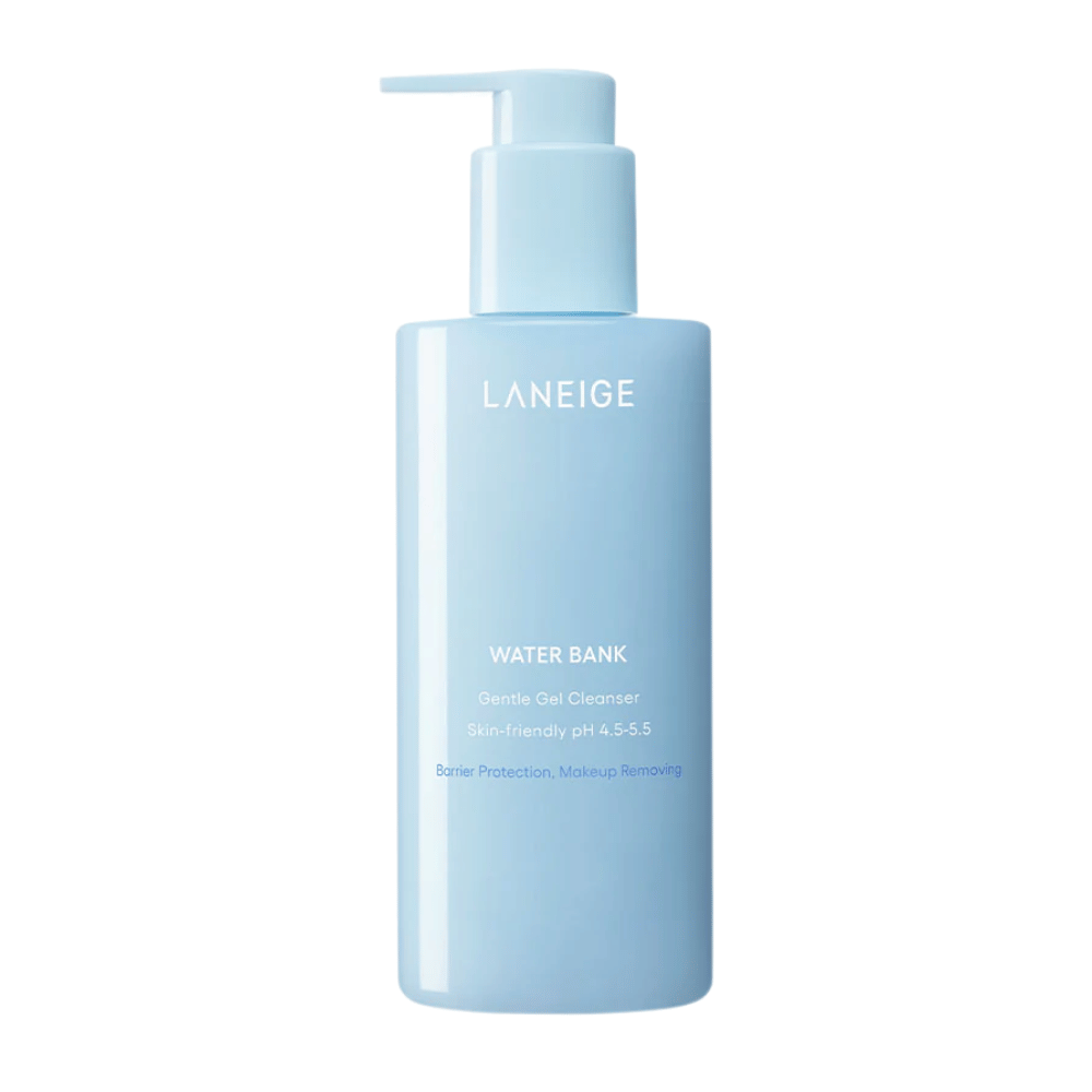 LANEIGE Water Bank Gentle Gel Cleanser in hellblauer Pumpflasche mit weißem Text, freigestellt vor weißem Hintergrund.