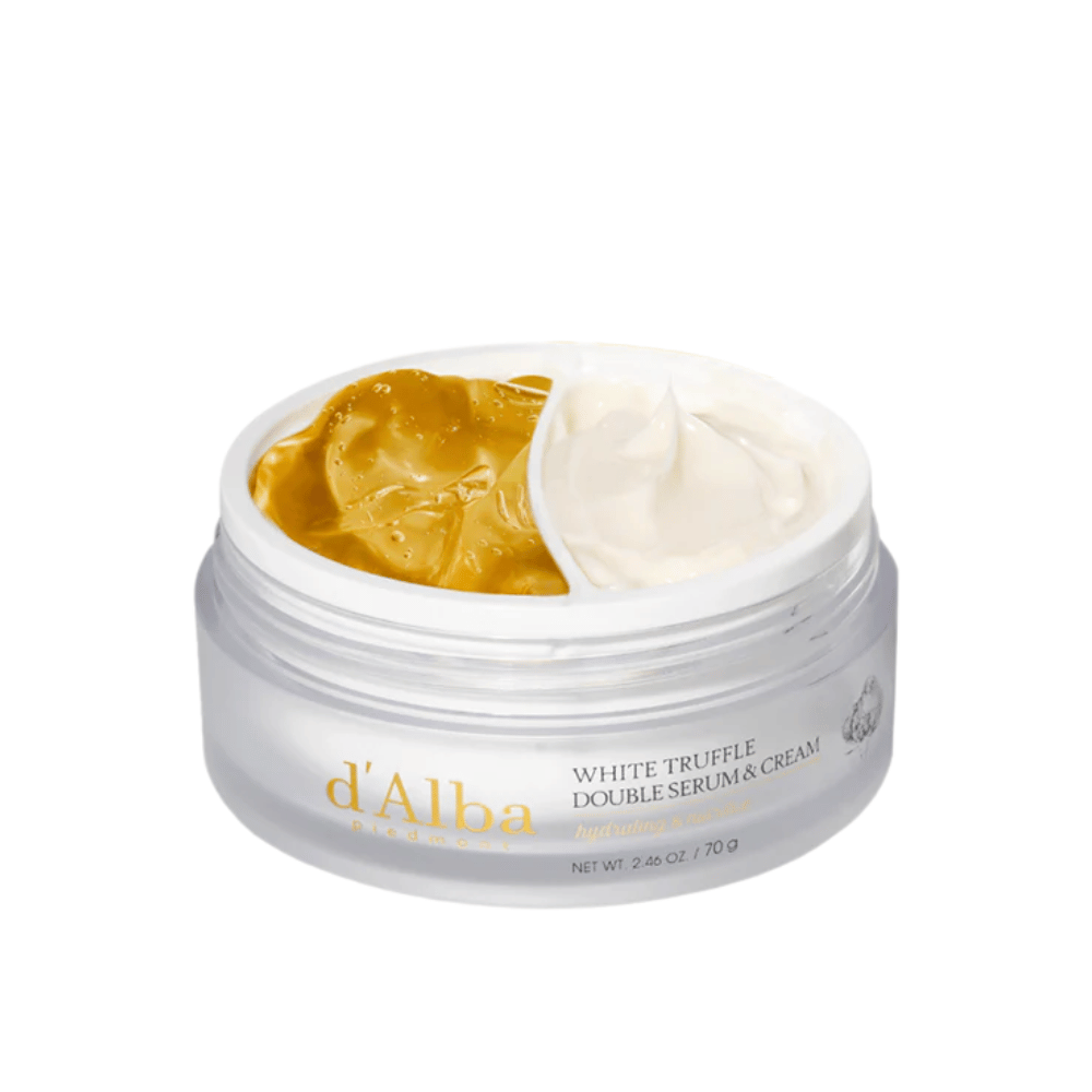 d'Alba White Truffle Double Serum & Cream kombiniert ein Serum und eine Creme in einem praktischen zweiteiligen Tiegel. Dieses Produkt bietet intensive Feuchtigkeit und Pflege dank weißem Trüffelextrakt, was der Haut ein strahlendes und strafferes Gefühl verleiht.