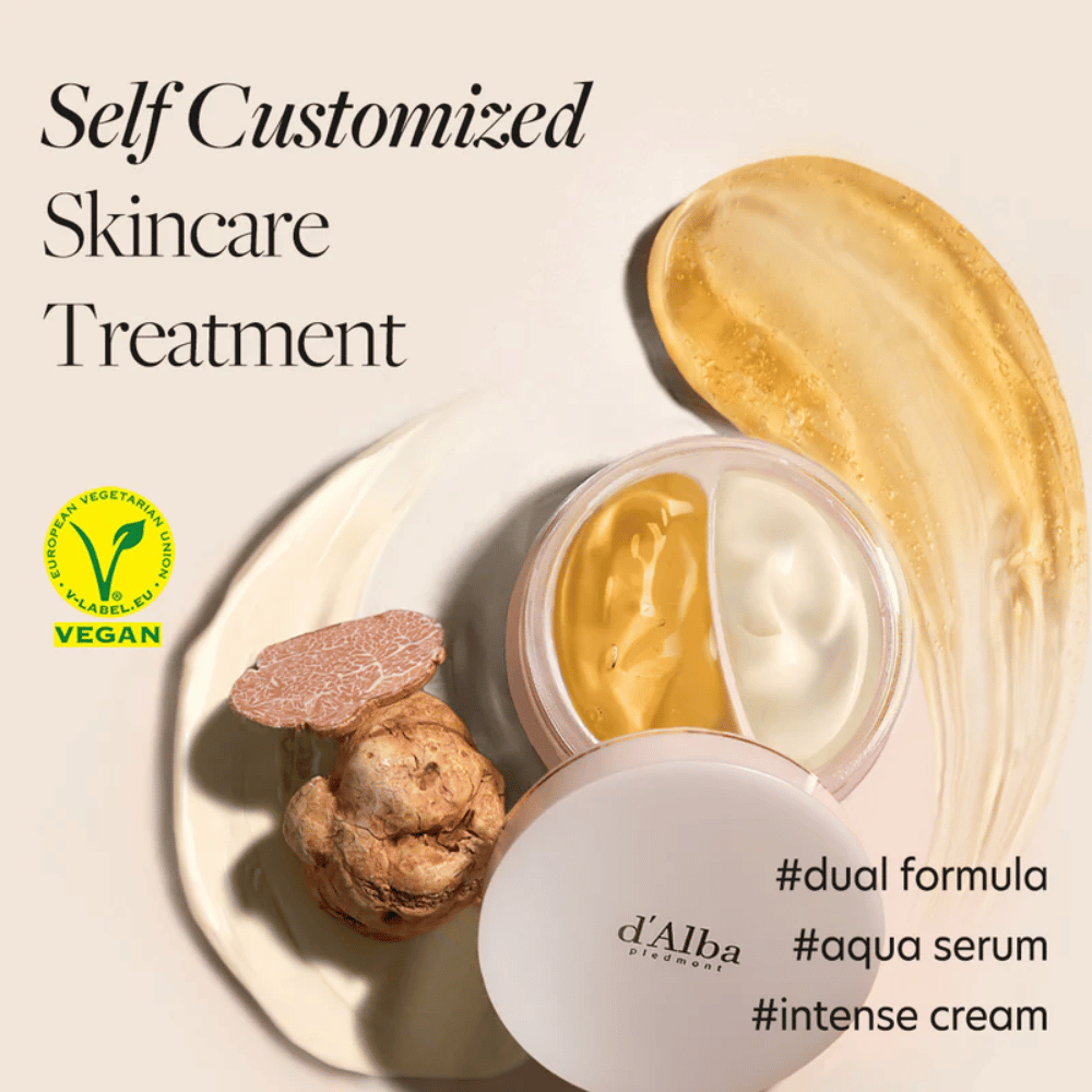 d'Alba White Truffle Double Serum & Cream ist ein veganes Hautpflegeprodukt, das ein persönliches Hautpflegeerlebnis bietet. Es hat eine Doppelformel mit sowohl einem Aqua-Serum als auch einer intensiven Creme, perfekt um die Haut zu befeuchten und zu stärken.