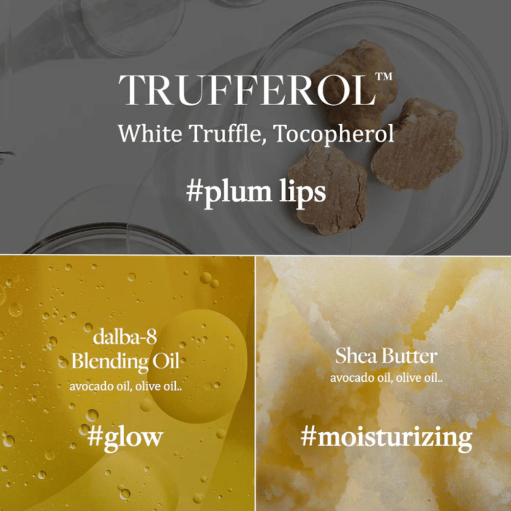 Zutatenbild mit Weißer Trüffel, Tocopherol, Blending Oil und Shea Butter für d'Alba Nourishing Serum Lip Balm, markiert mit Hashtags #plum lips, #glow und #moisturizing.