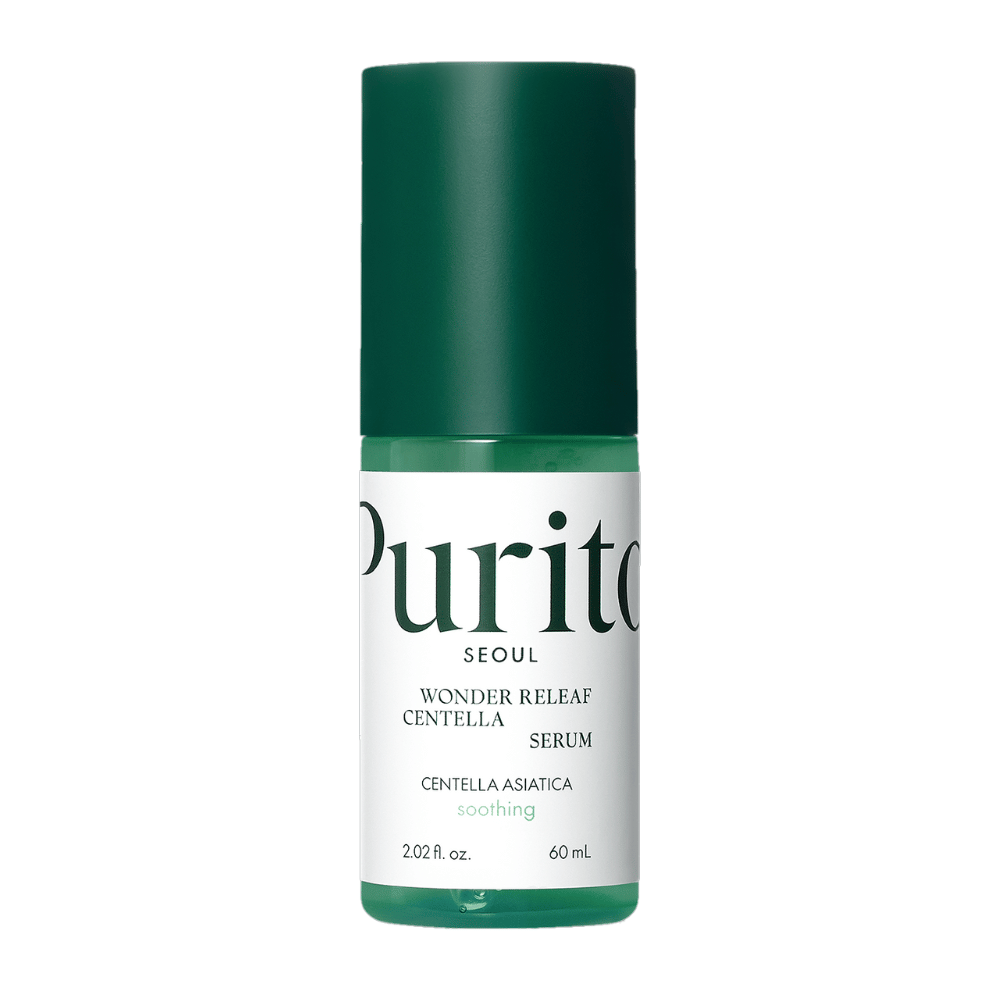 Purito Wonder Releaf Centella Serum in einer grünen und weißen Flasche mit 60 ml Inhalt, zentriert vor weißem Hintergrund.