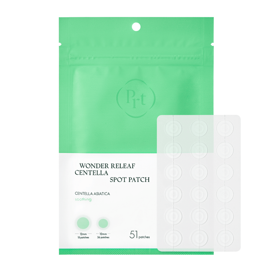 Produktbild von Purito Wonder Releaf Centella Spot Patch mit Verpackung und 51 transparenten Akne-Pflastern in zwei Größen für eine effektive Punktbehandlung.