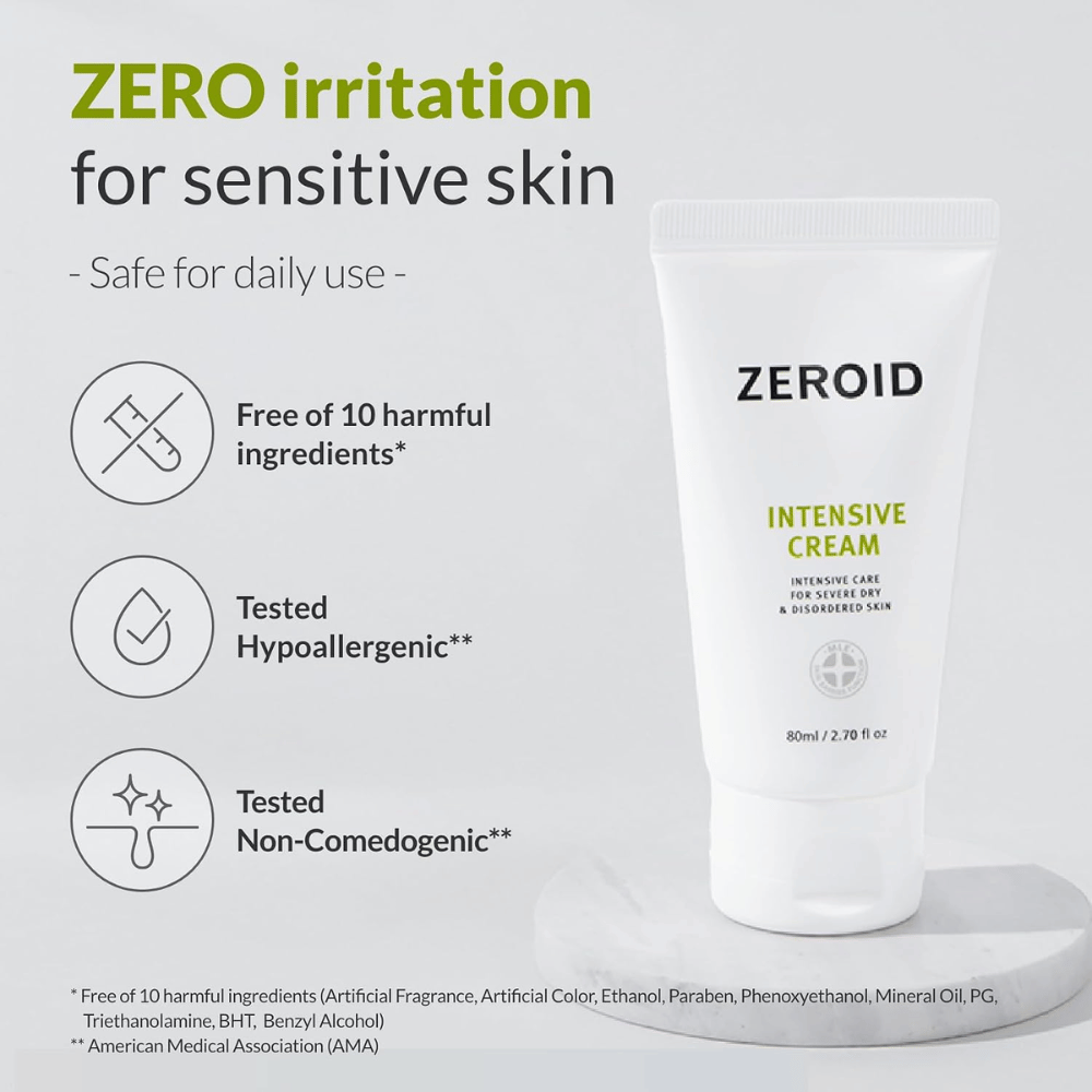 ZEROID Intensive Cream wurde für empfindliche Haut entwickelt und ist frei von zehn häufig vorkommenden Inhaltsstoffen, die Irritationen verursachen können. Die Creme ist hypoallergen getestet, nicht komedogen und für die tägliche Anwendung geeignet.