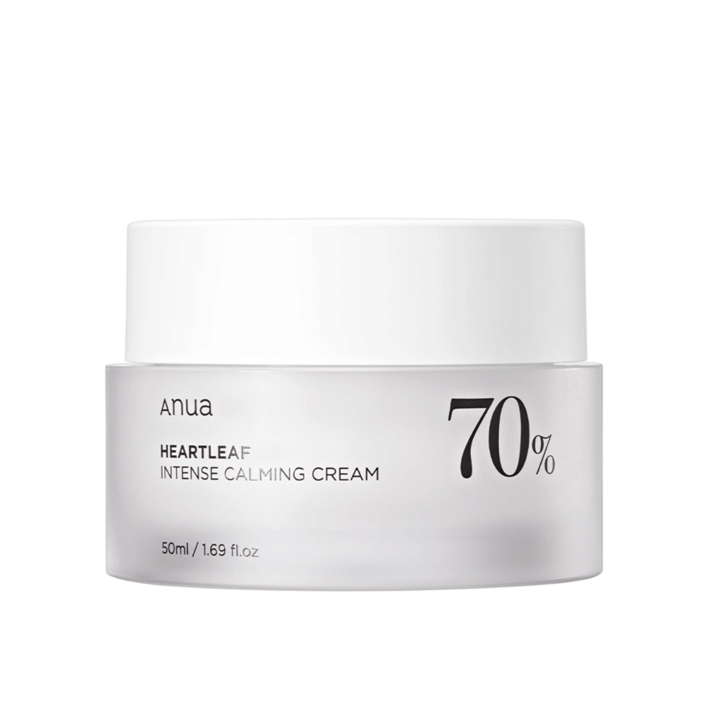 Weiße Dose mit "Anua Heartleaf Intense Calming Cream" mit "70%"-Markierung, gekennzeichnet mit einem Volumen von "50ml/1.69 fl.oz."