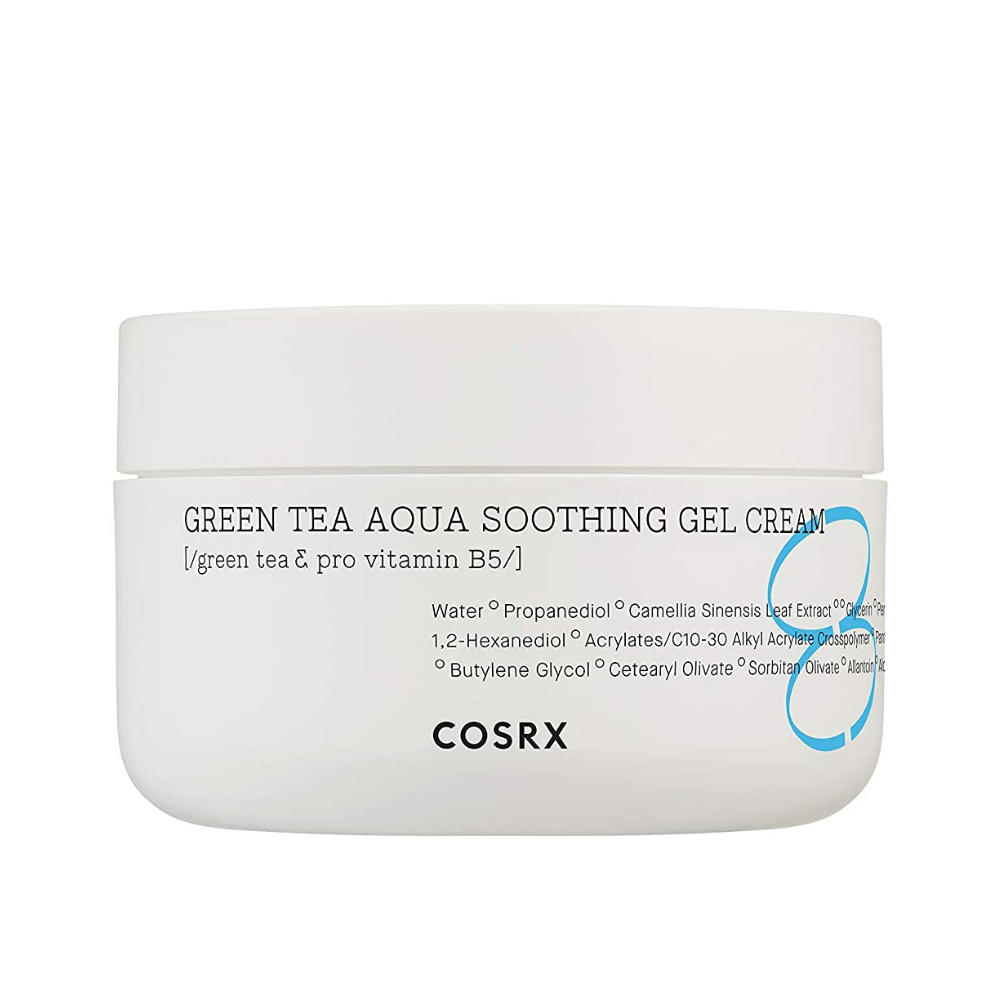 COSRX Green Tea Aqua Soothing Gel Cream 50ml, die die Haut befeuchtet und beruhigt.