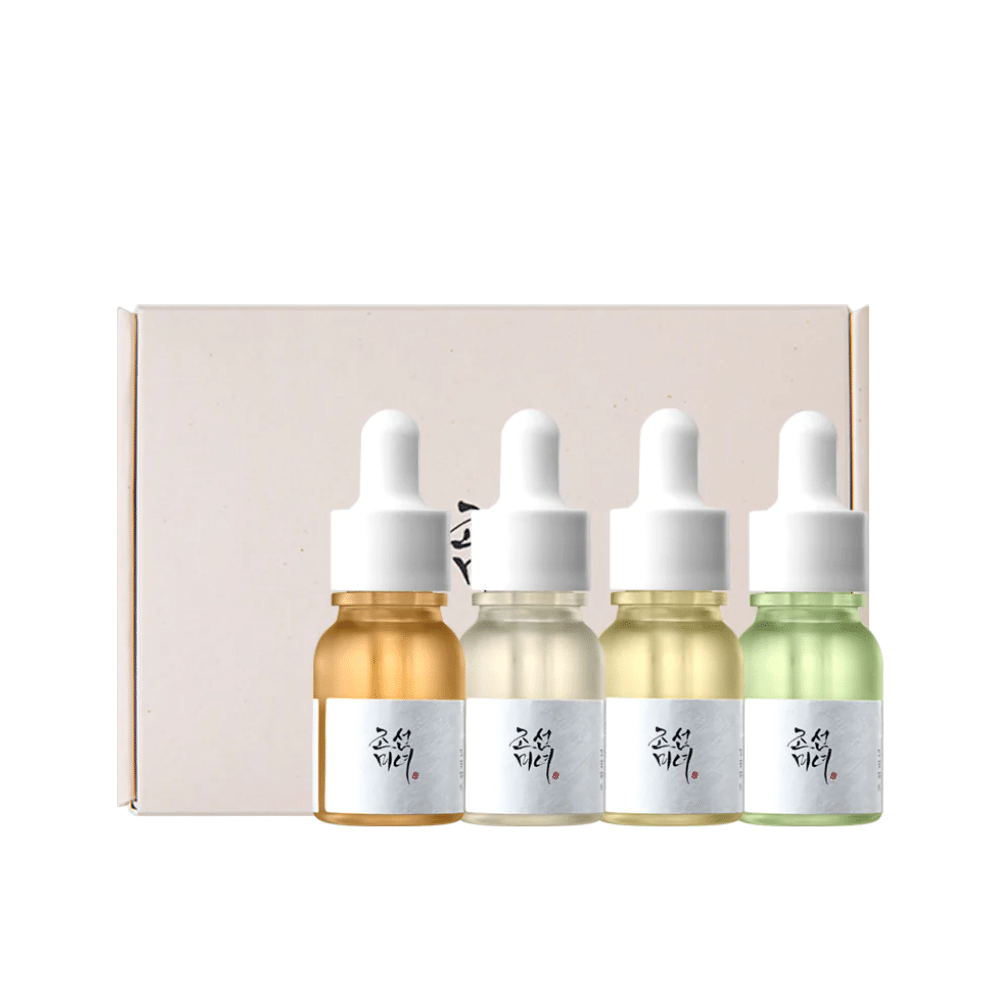 Eine Schachtel mit drei Flaschen Hanbang Serum Discovery Kit 4 Stk von Beauty of Joseon, die jeweils einen jugendlichen Glanz fördern und Falten reduzieren.