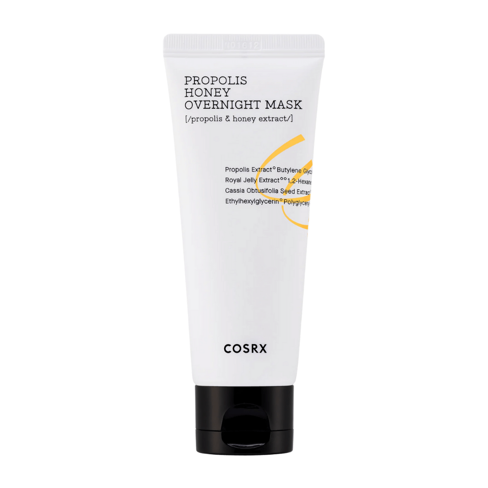 Eine weiße Tube mit Full Fit Propolis Honey Overnight Mask 60 ml mit einem weißen Hintergrund, angereichert mit Propolisextrakt von COSRX.