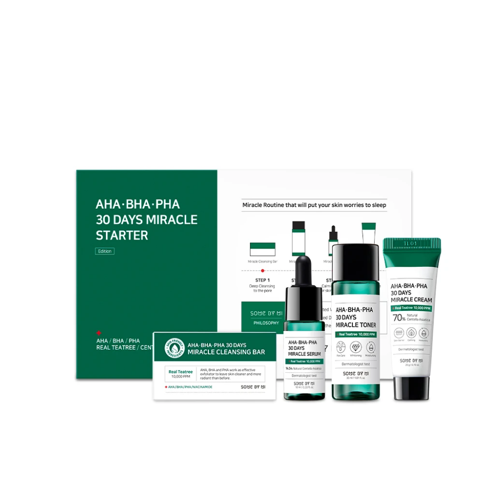 Ein Satz von SOME BY MI AHA, BHA, PHA 30 Days Miracle Starter Limited Set mit einer grünen Box.