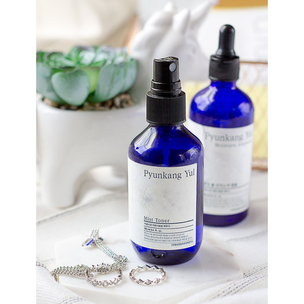 Eine Flasche Pyunkang Yul Mist Toner, ein allergikerfreundlicher Toner, auf einem Tisch neben einem Kaktus.