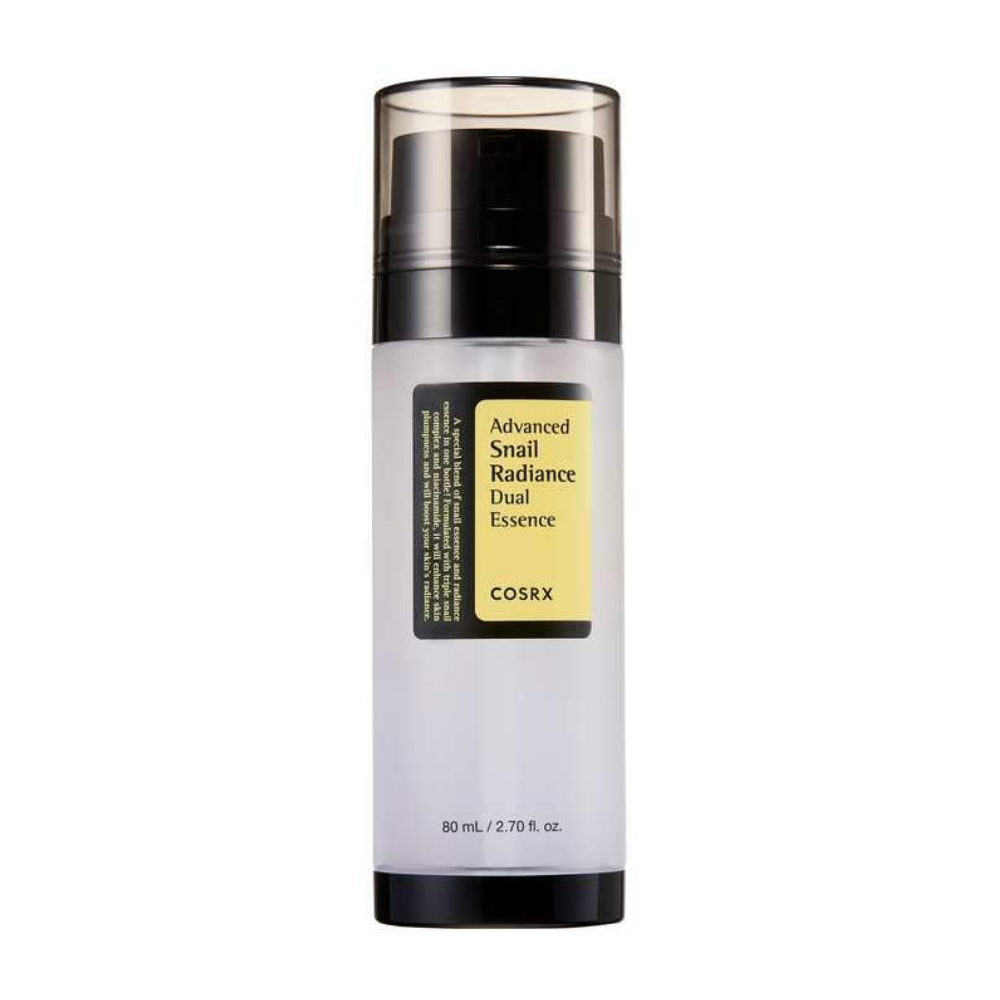 COSRX Advanced Snail Radiance Dual Essence 80ml hilft, Akne zu reduzieren und fördert einen klaren Teint mit seinem Dreifach-Schneckenkomplex und Niacinamid.